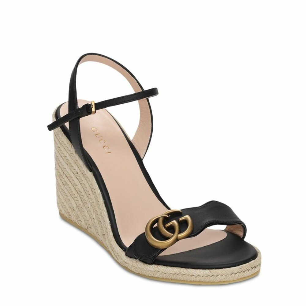 NWT Gucci 85mm GG Platform Espadrilles Sandal Beige Jute Wedge Black Leather